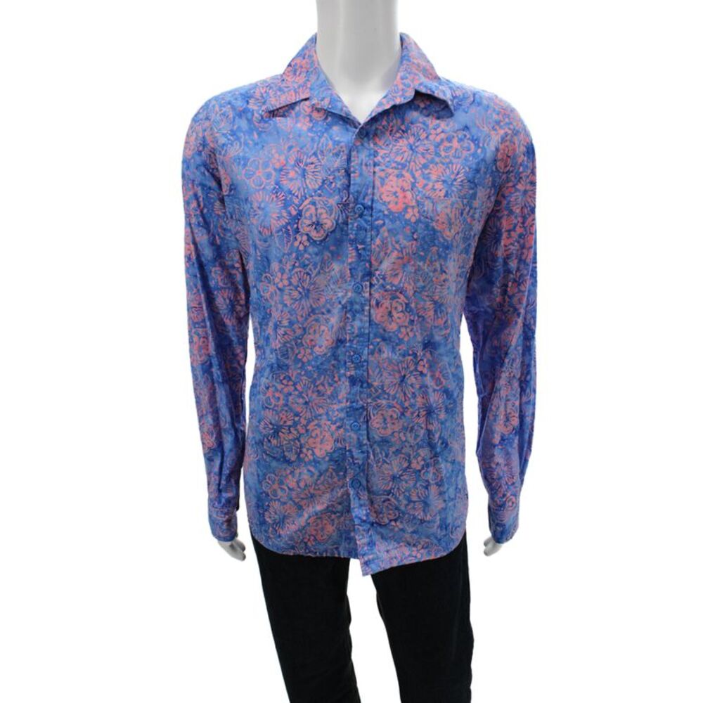 Three Islands Mens Button Front Collared Floral Shirt Blue Pink Size Large